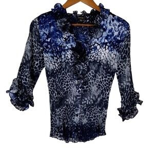 PIANO Women's Blue Black Animal Print Pleated Ruffle Neck 3/4 Sleeve Top Size S